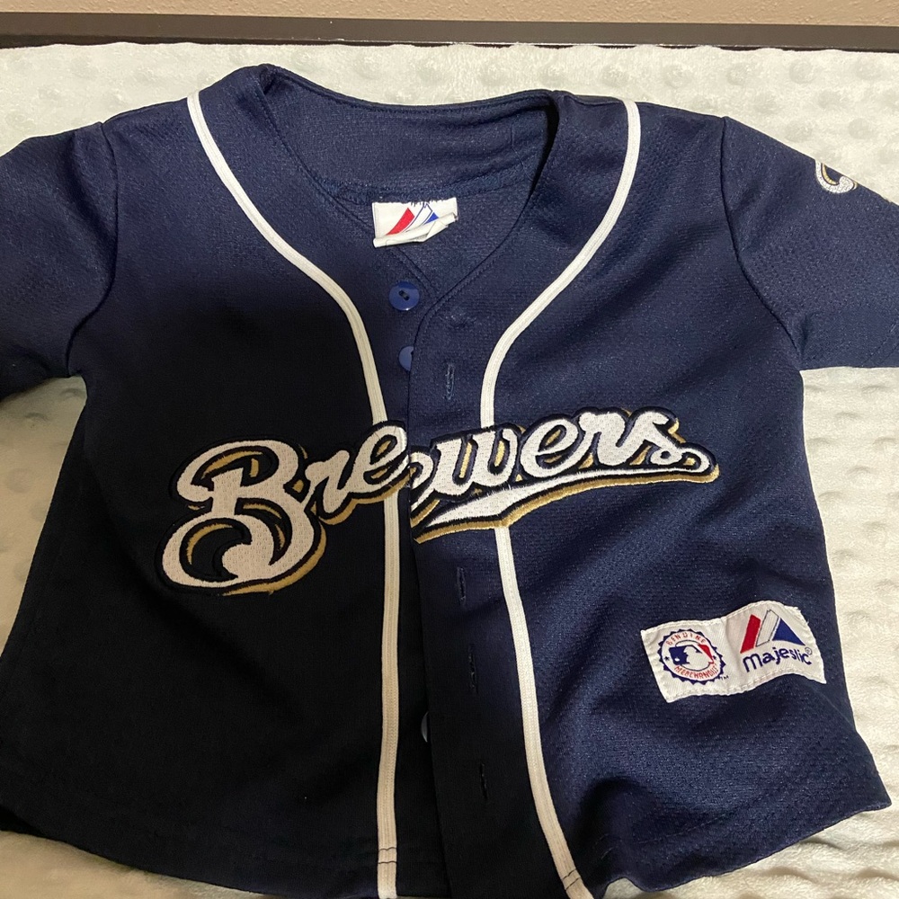 Kids Navy and White Brewers Jersey